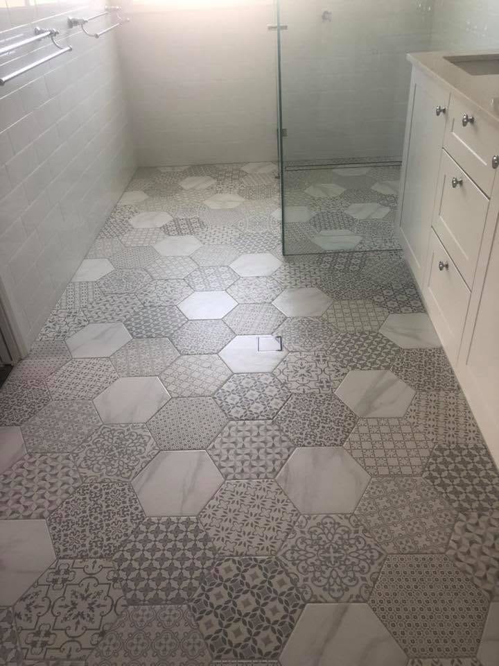Hexagon patterned bathroom floor — tiling by Torrisi Tiling, Brisbane