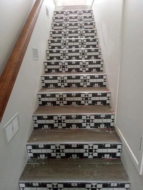 Patterned tile risers, full staircase — tiling by Torrisi Tiling, Brisbane